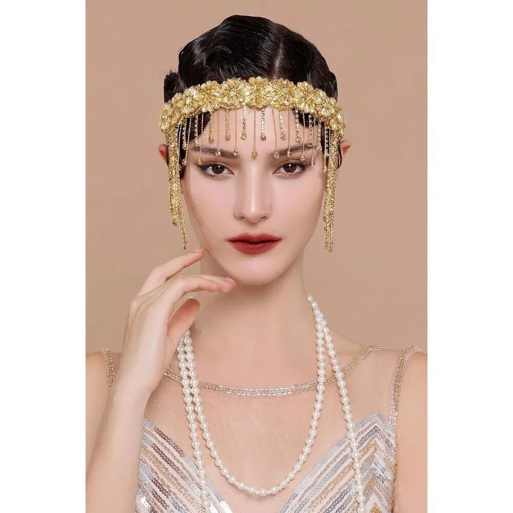 1920s Flapper Headpiece Rhinestone Bead Chain Vintage Hair Accessory